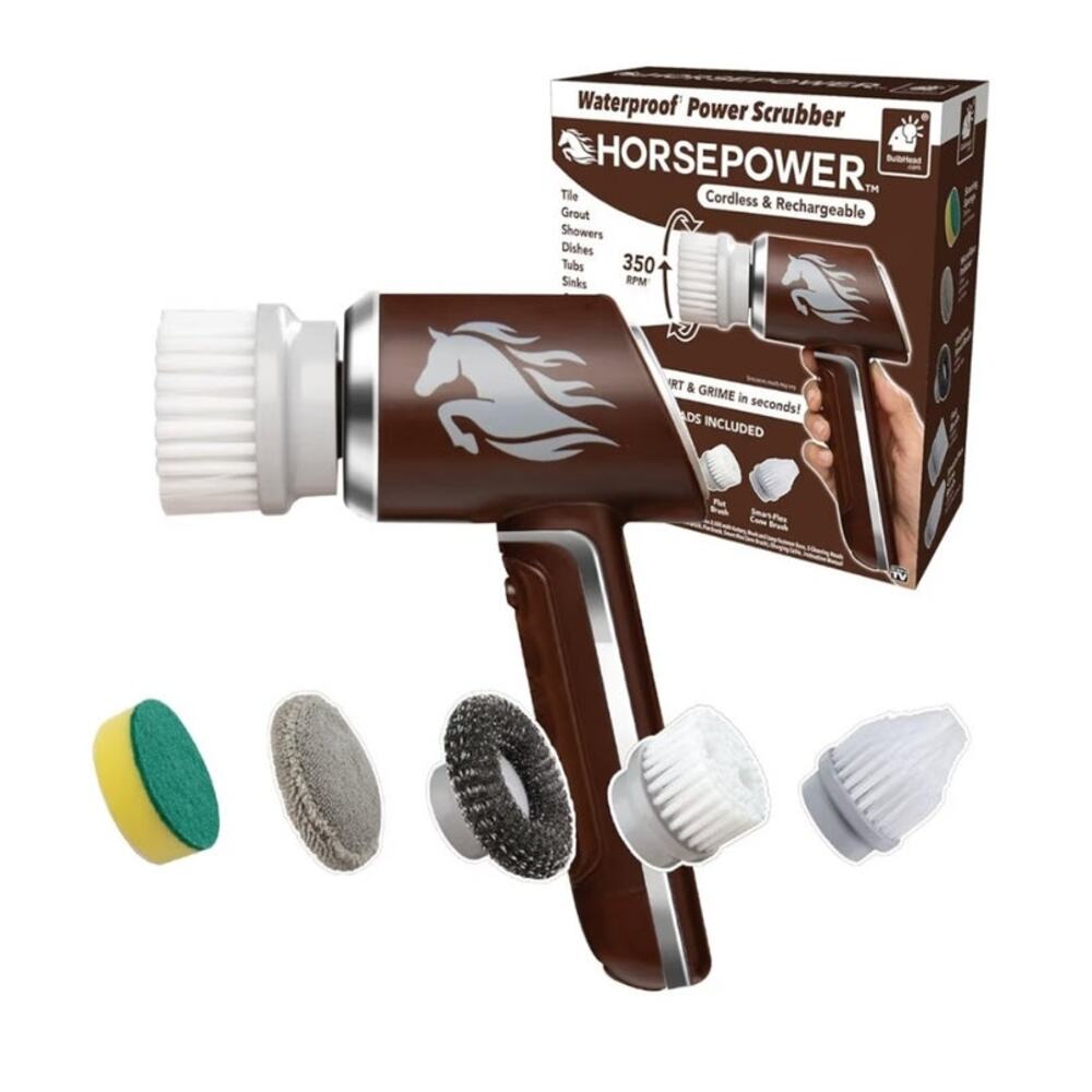 HORSEPOWER Cordless Rechargeable Waterproof 350 RPM Scrubber with 5 Brush Heads